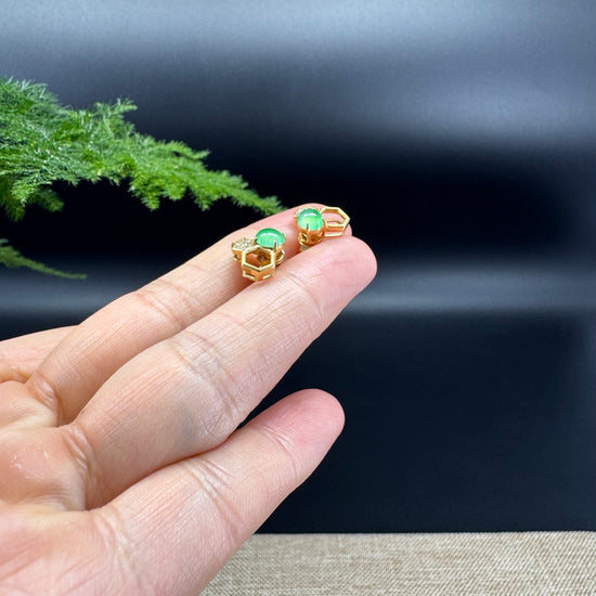 "BeeHive"18k Yellow Gold Green Jadeite Jade Earrings with Diamonds