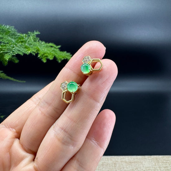 "BeeHive"18k Yellow Gold Green Jadeite Jade Earrings with Diamonds