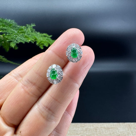 RealJade® 18k White Gold Imperial Green Jade Hulu Earrings with Diamonds