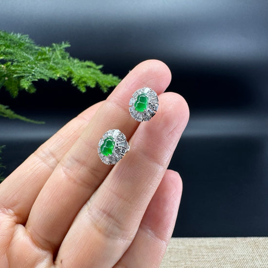 RealJade® 18k White Gold Imperial Green Jade Hulu Earrings with Diamonds