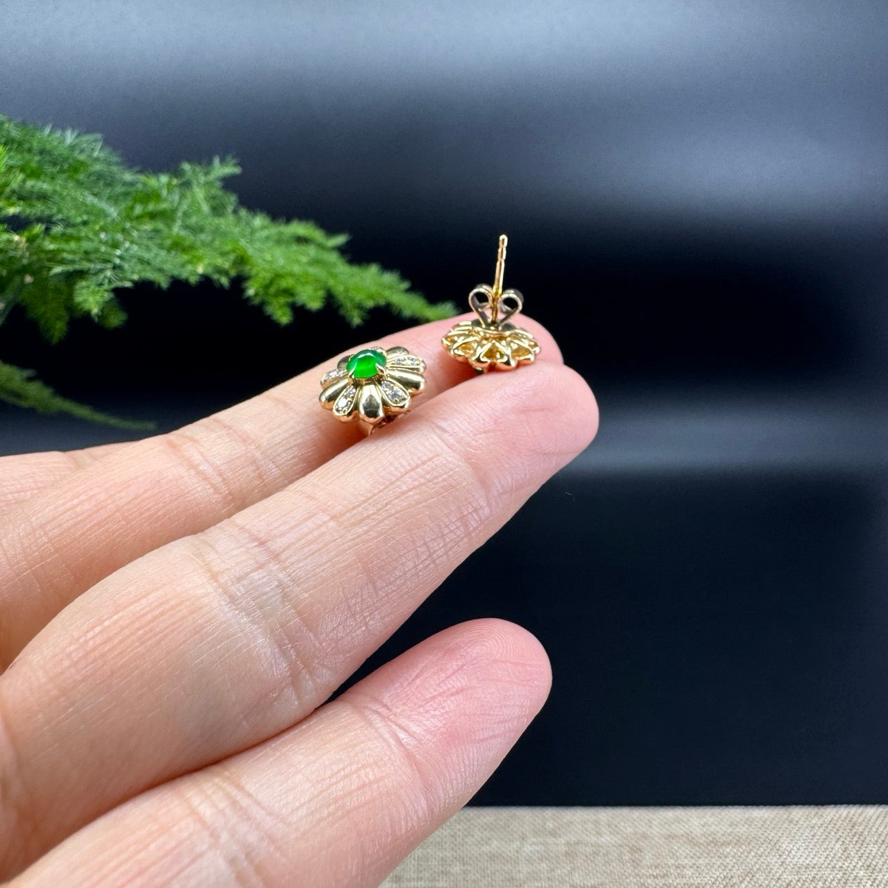 RealJade® 18k Yellow Gold Classic Imperial Green Jade Flower Earrings with Diamonds