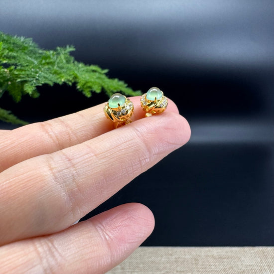 RealJade® 18k Yellow Gold Apple Green Jadeite Jade Oval Earrings With Diamonds