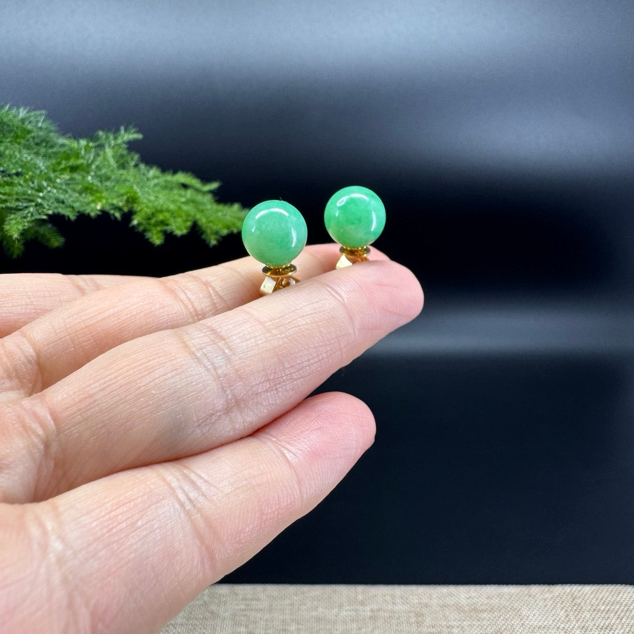 RealJade® 18k Yellow Gold Classic Real Green Jade Beads Emerald Earrings