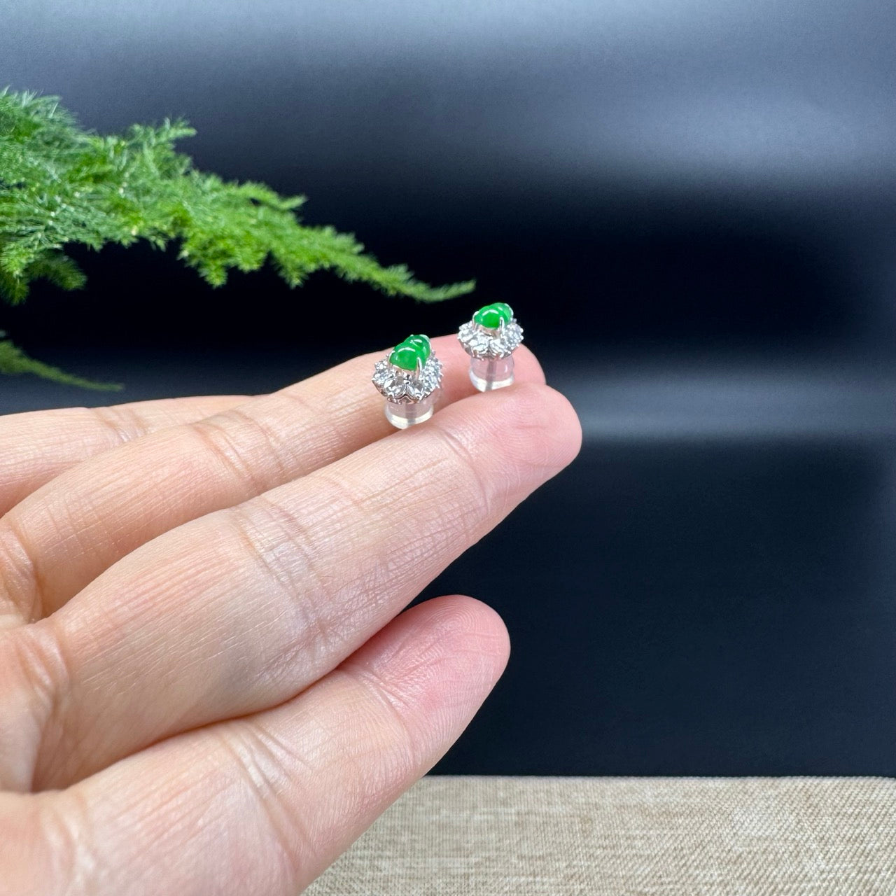 RealJade® 18k White Gold Classic Imperial Green Jade Hulu With Diamonds Earrings