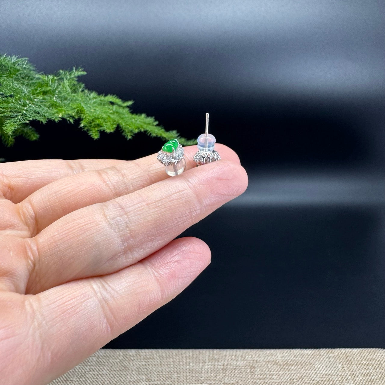 RealJade® 18k White Gold Classic Imperial Green Jade Hulu With Diamonds Earrings