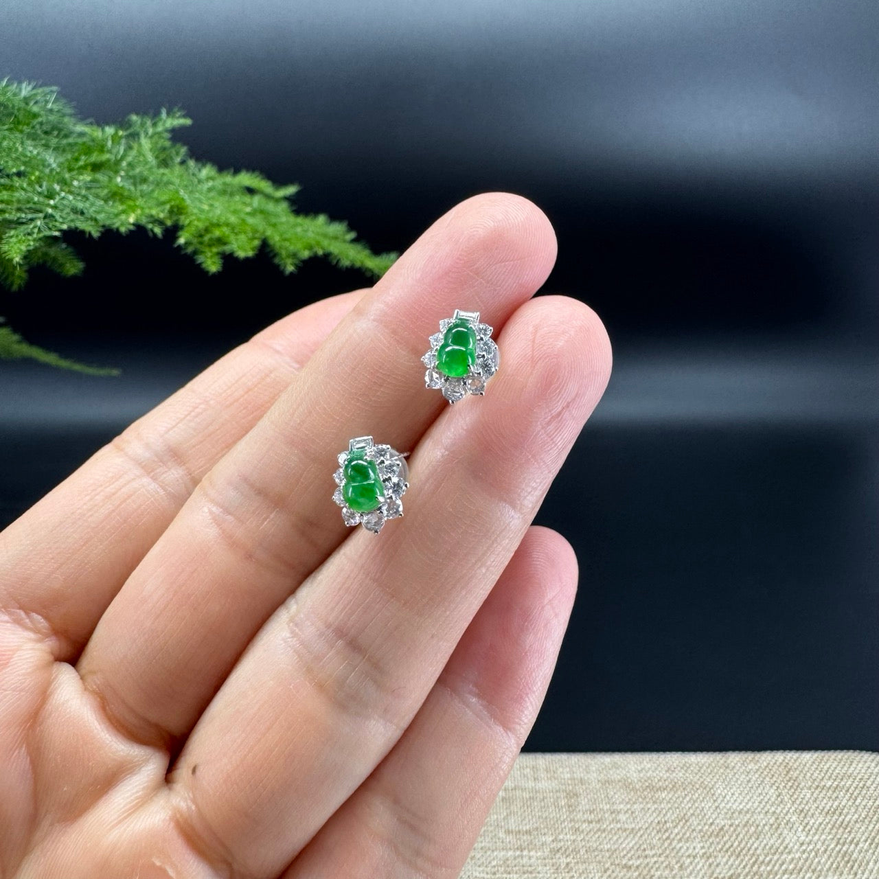 RealJade® 18k White Gold Classic Imperial Green Jade Hulu With Diamonds Earrings