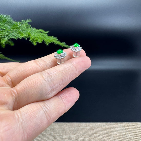 RealJade® 18k White Gold Classic Imperial Green Jade 'Sunflower' Earrings with Diamonds