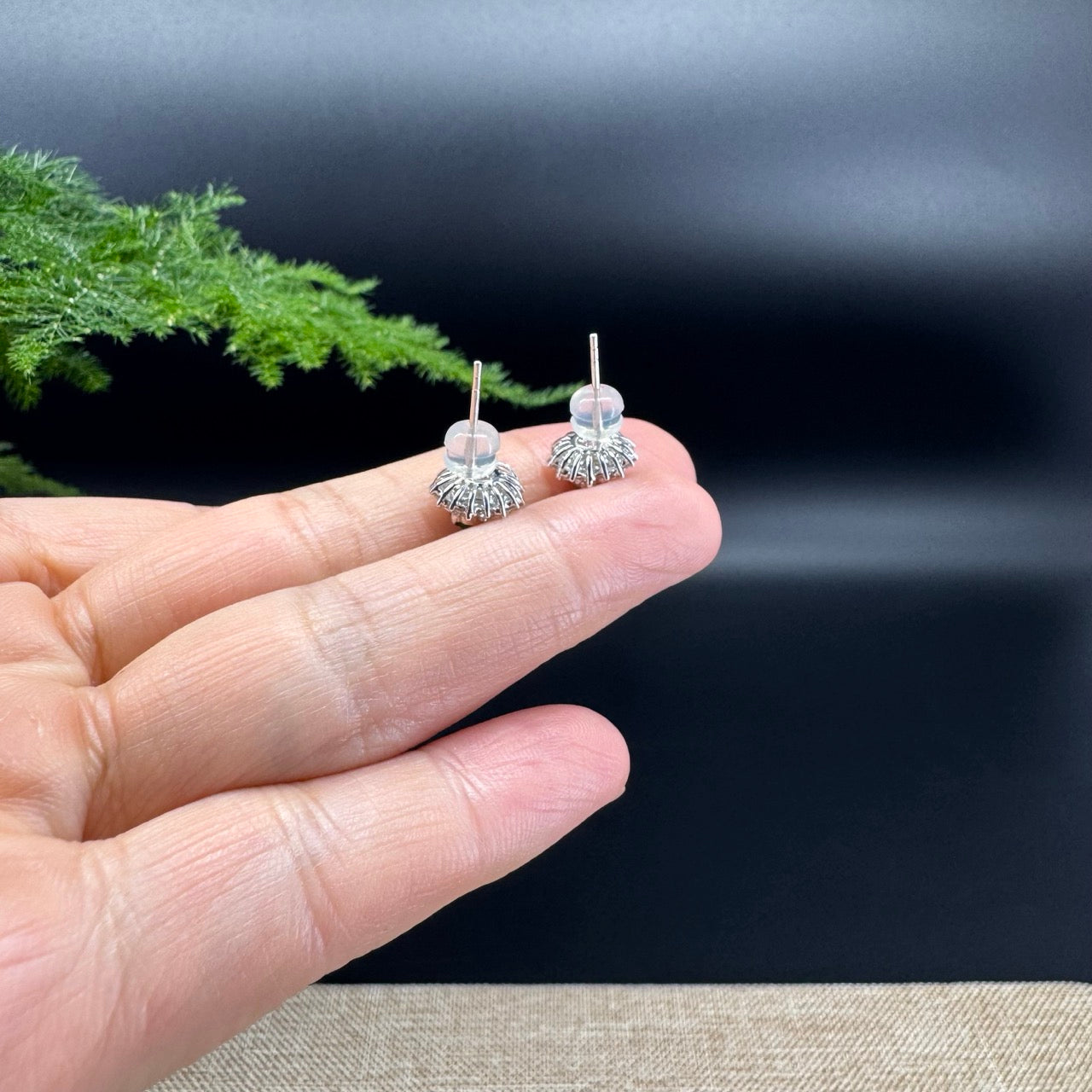 RealJade® 18k White Gold Classic Imperial Green Jade 'Sunflower' Stud Earrings with Diamonds