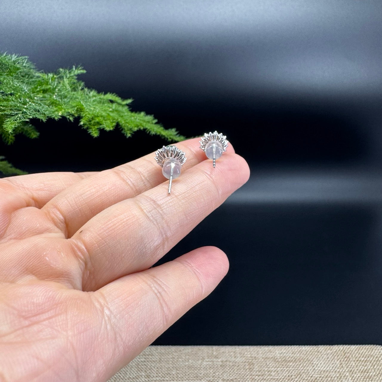RealJade® 18k White Gold Classic Imperial Green Jade 'Sunflower' Stud Earrings with Diamonds