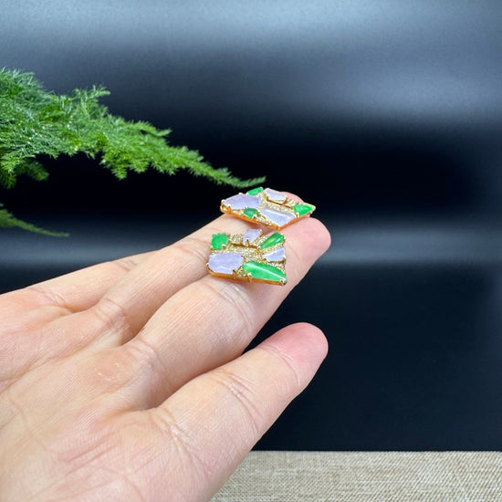 RealJade® 18k Yellow Gold High-end Real Multi-Color Jade Rhombus Earrings With Diamonds