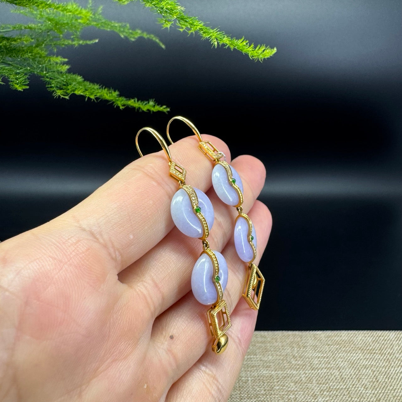18k Yellow Gold Genuine Lavender Jadeite Jade Earrings With Diamonds
