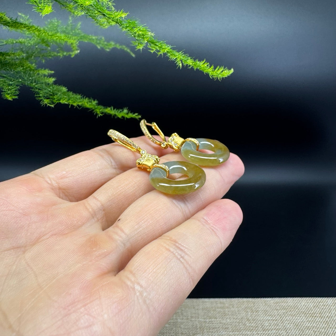 18k Yellow Gold Genuine Yellow Green Jadeite Jade Earrings With Diamonds