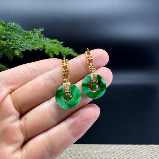 18k Yellow Gold Genuine Spicy Green Jadeite Jade Earrings With Diamonds