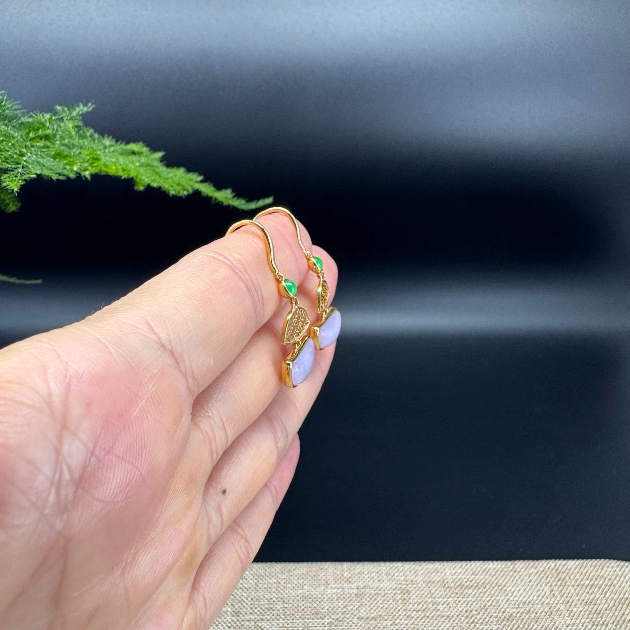 18k Yellow Gold Genuine Lavender Crescent Moon Jadeite Jade Earrings