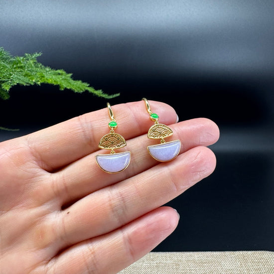 18k Yellow Gold Genuine Lavender Crescent Moon Jadeite Jade Earrings