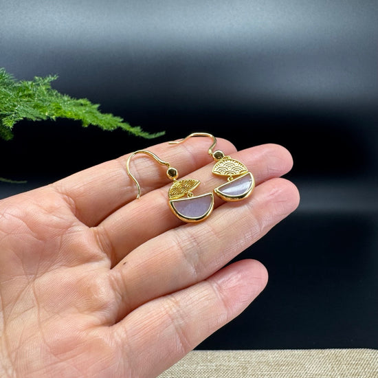 18k Yellow Gold Genuine Lavender Crescent Moon Jadeite Jade Earrings