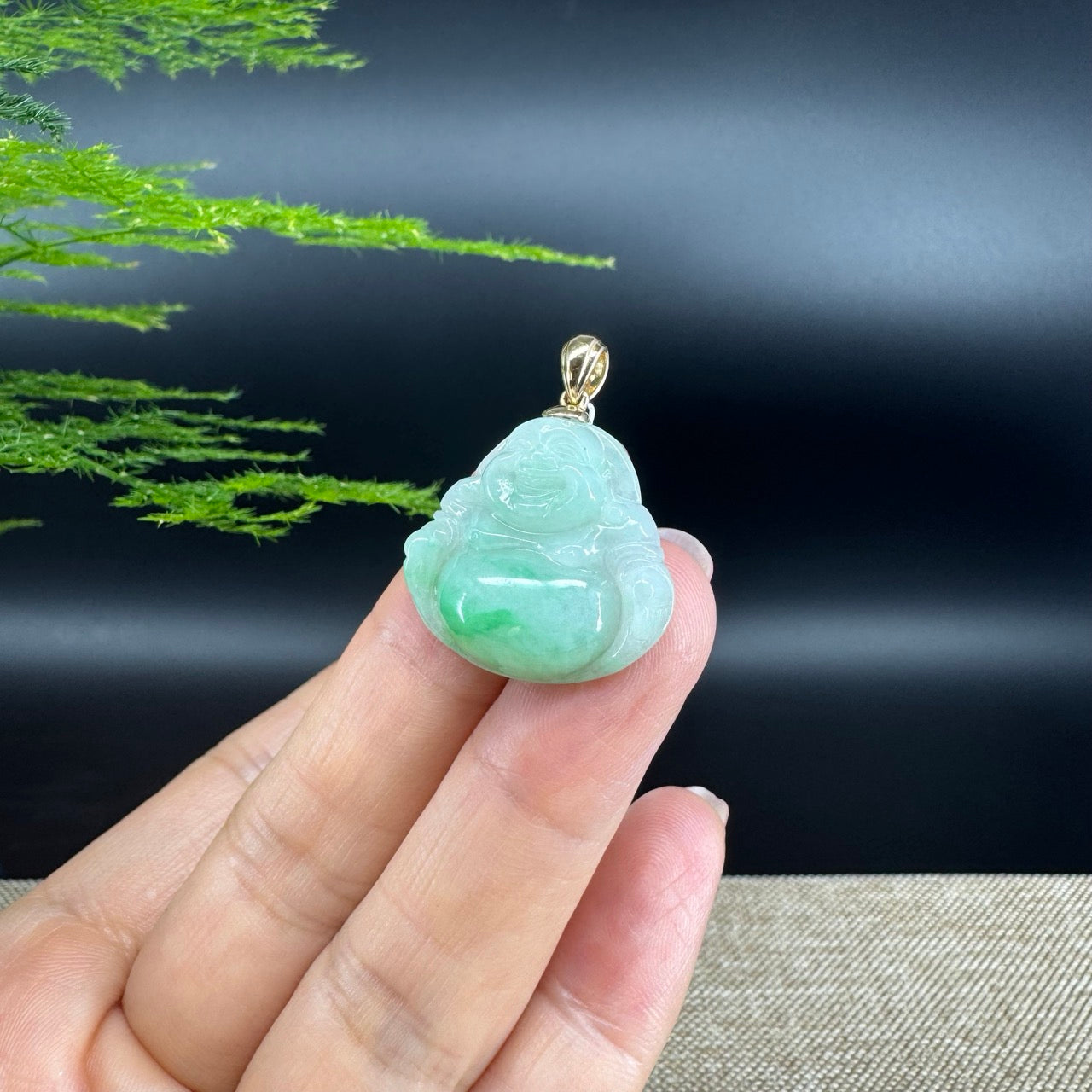 14K Yellow Gold Burmese Green Jadeite Jade Happy Buddha Pendant