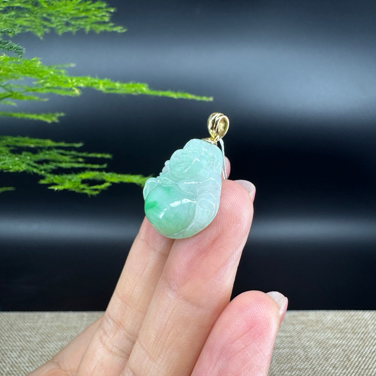 14K Yellow Gold Burmese Green Jadeite Jade Happy Buddha Pendant