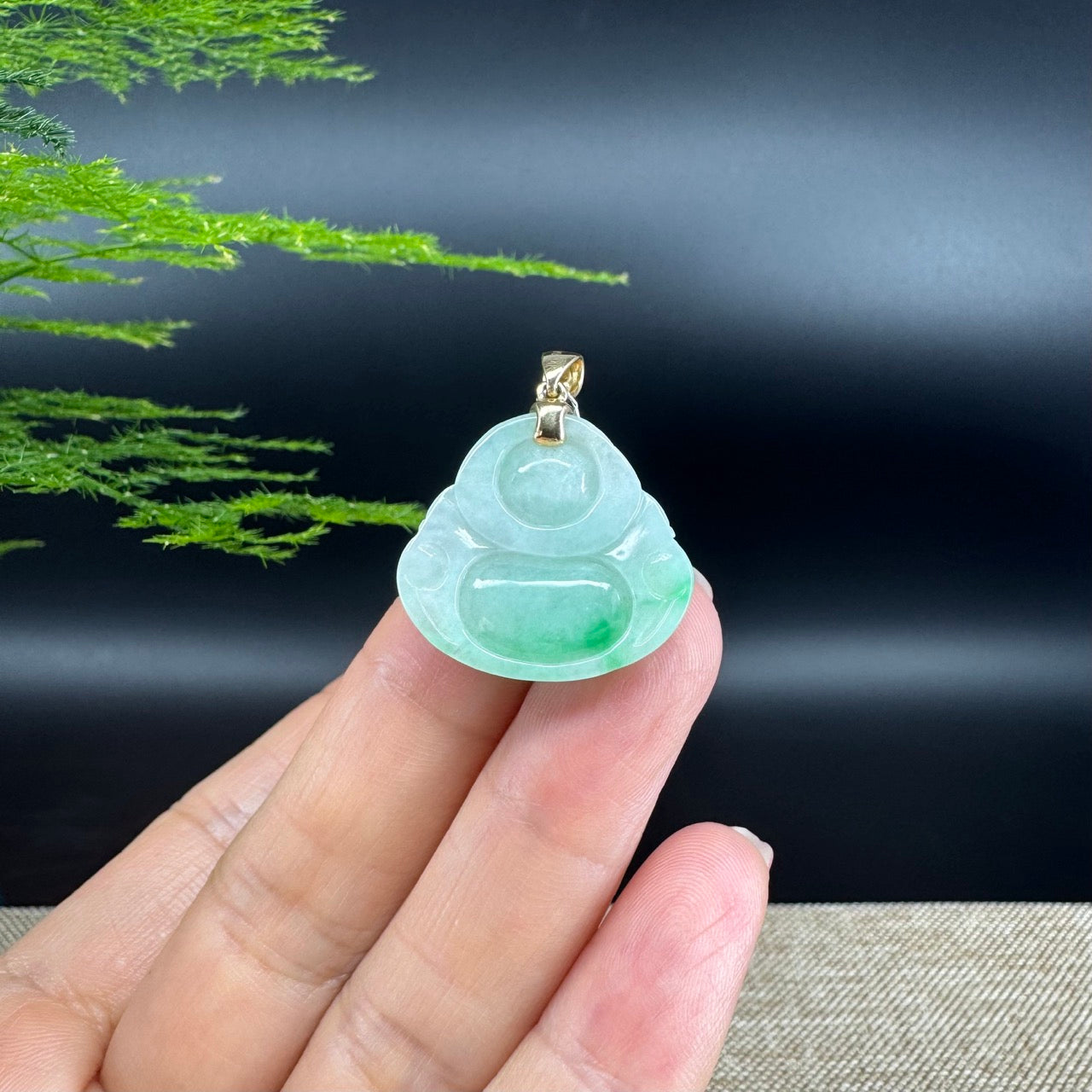 14K Yellow Gold Burmese Green Jadeite Jade Happy Buddha Pendant
