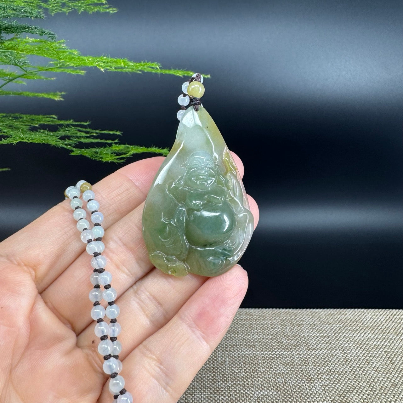 RealJade® Co.  Genuine Burmese Jadeite Jade Yellow Green Happy Buddha  Pendant Necklace