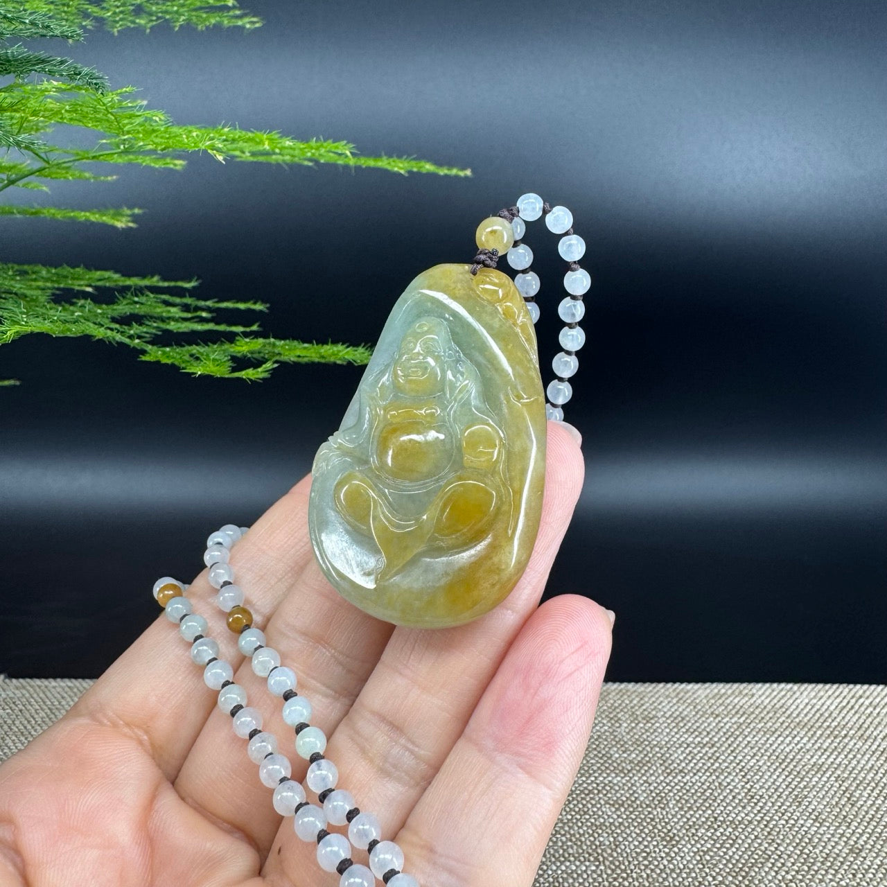 RealJade® Co.  Genuine Burmese Jadeite Jade Yellow Green Happy Buddha  Pendant Necklace
