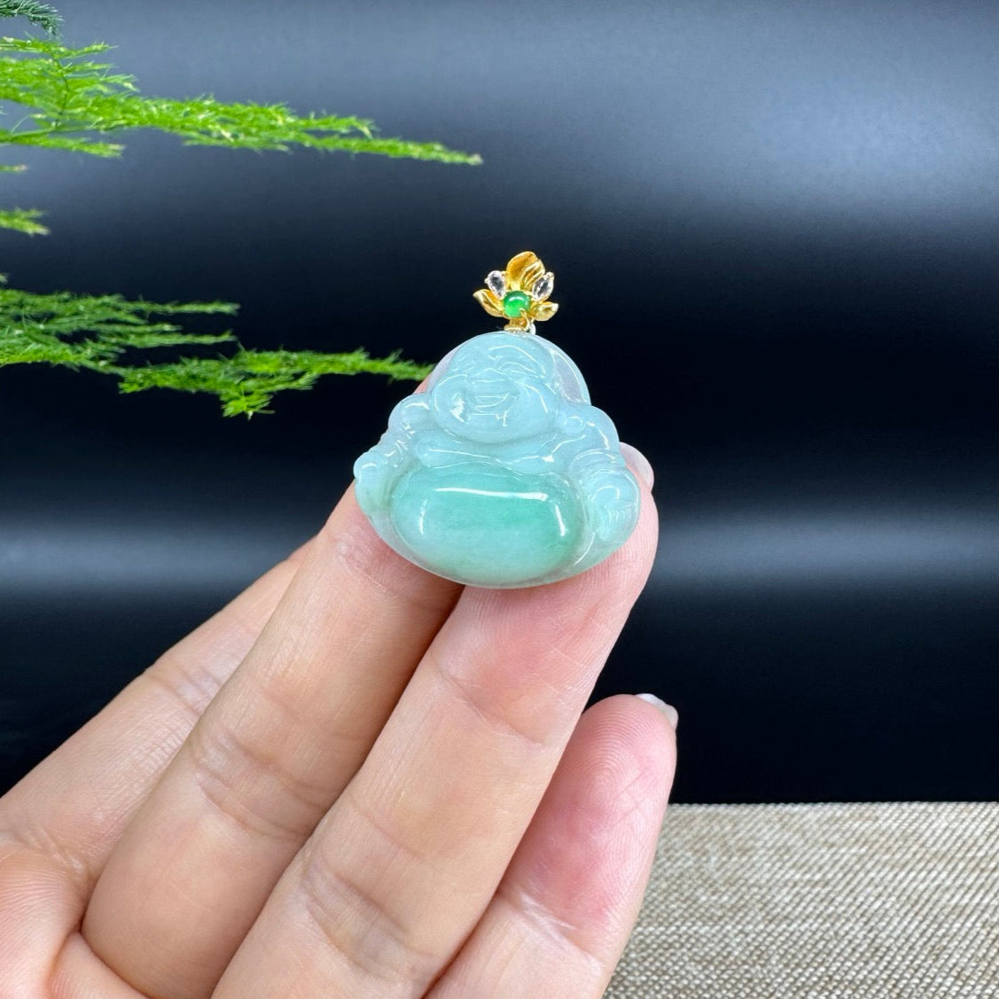 18K Yellow Gold Burmese Green Jadeite Jade Happy Buddha Pendant