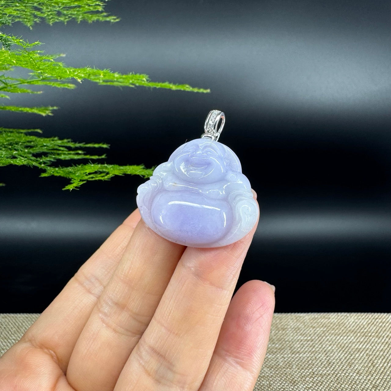 14K White Gold Burmese Lavender Jadeite Jade Happy Buddha Pendant with Diamond