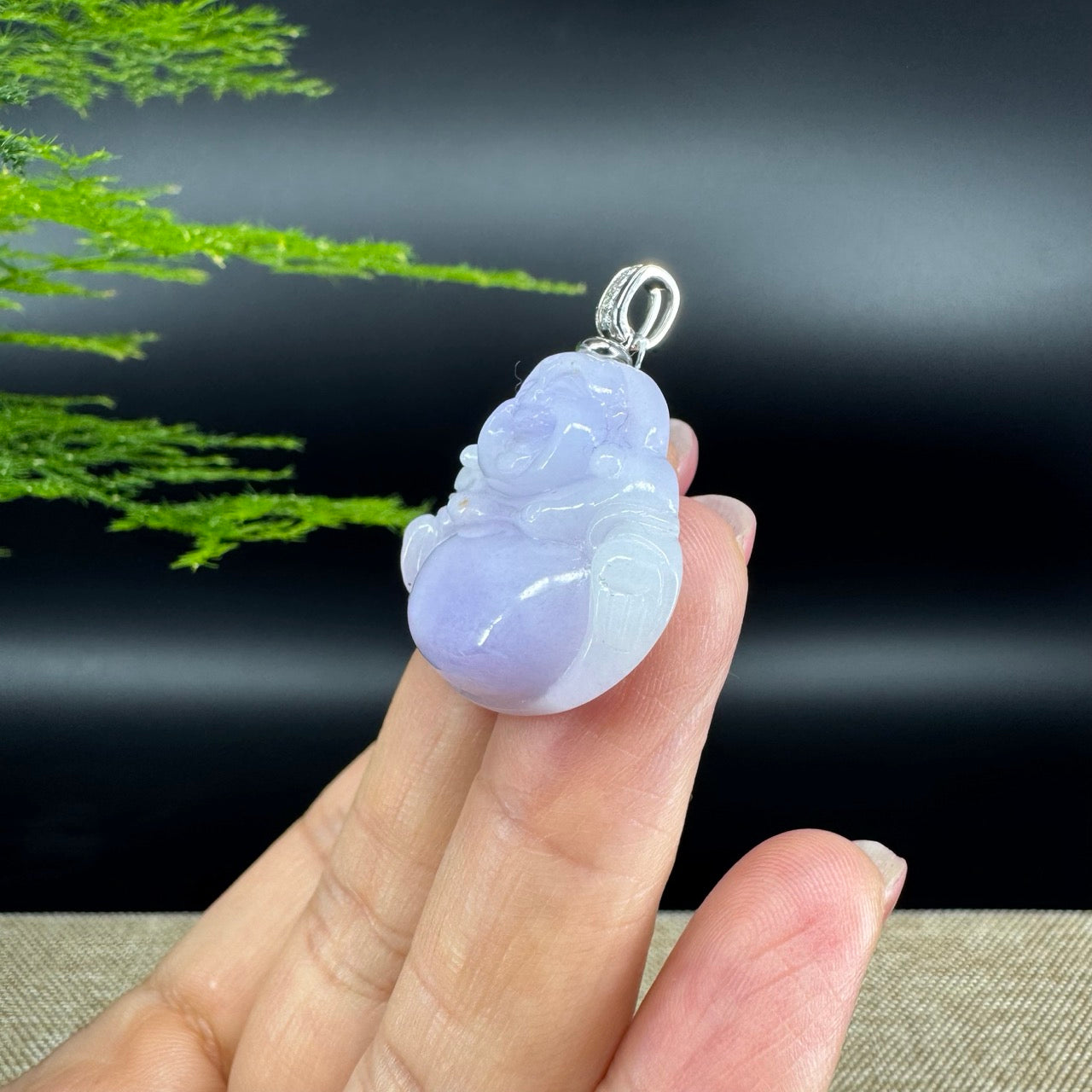 14K White Gold Burmese Lavender Jadeite Jade Happy Buddha Pendant with Diamond