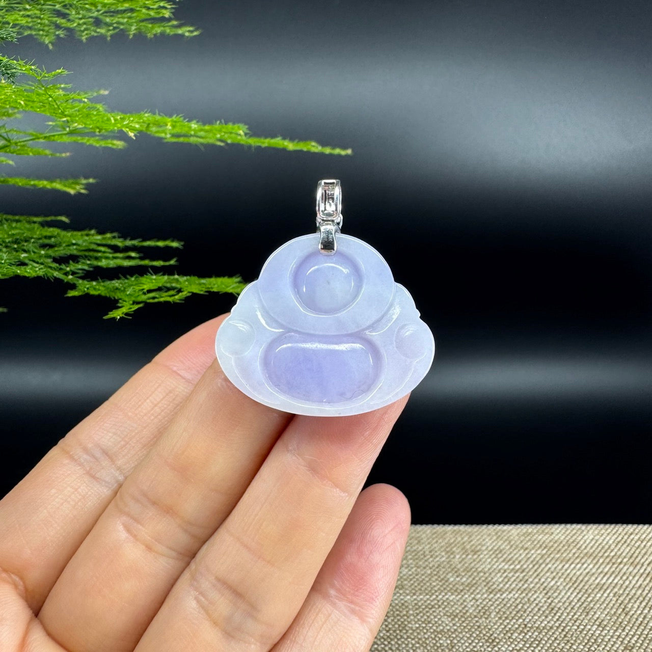 14K White Gold Burmese Lavender Jadeite Jade Happy Buddha Pendant with Diamond