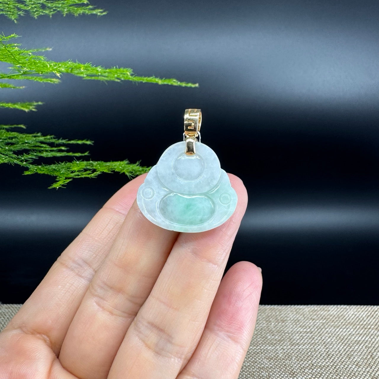 14K Yellow Gold Burmese White Green Jadeite Jade Happy Buddha Pendant