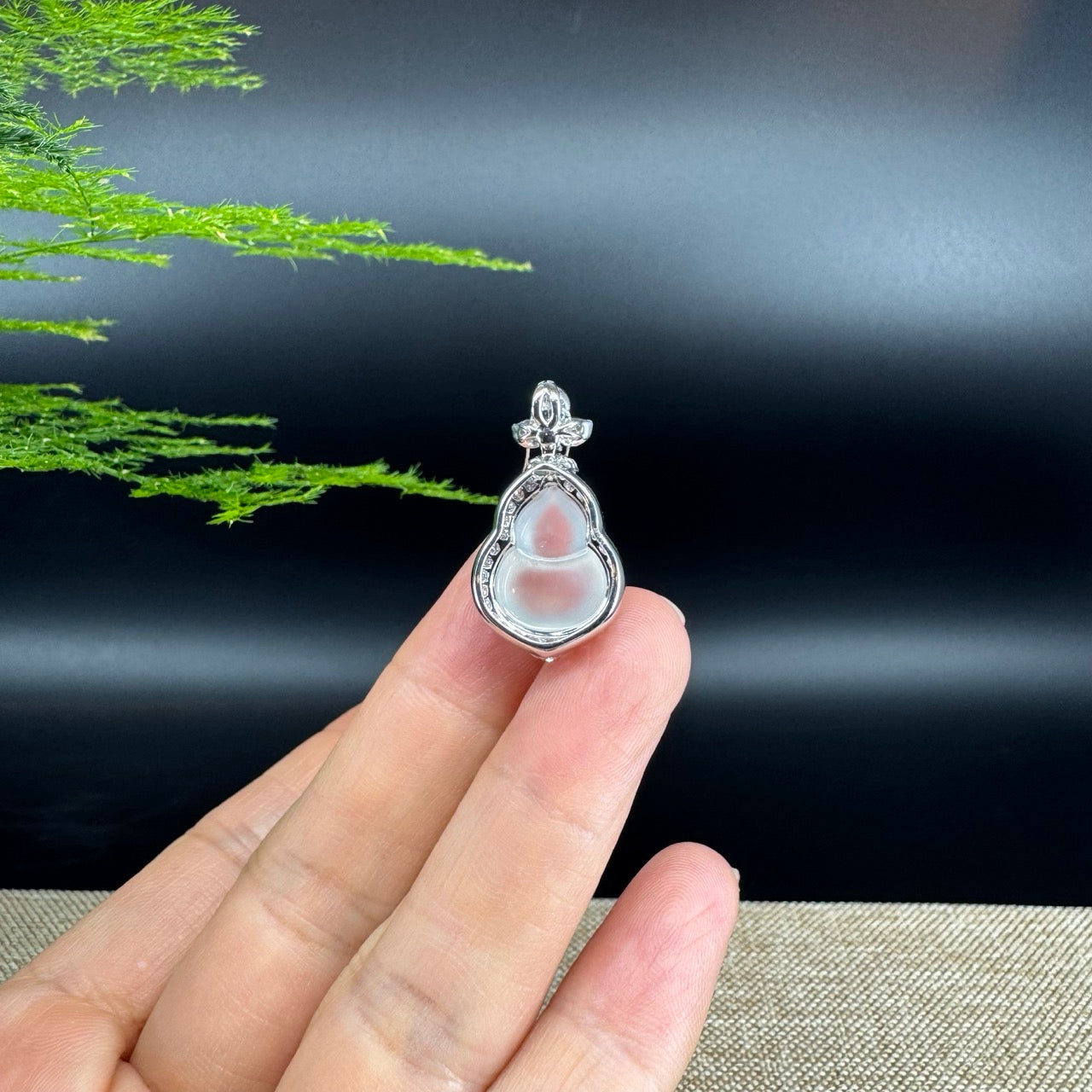 RealJade® Co. Genuine Icy Jadeite Jade Good Luck Hulu Bottle Gourd Necklace With 18K White Gold Bail