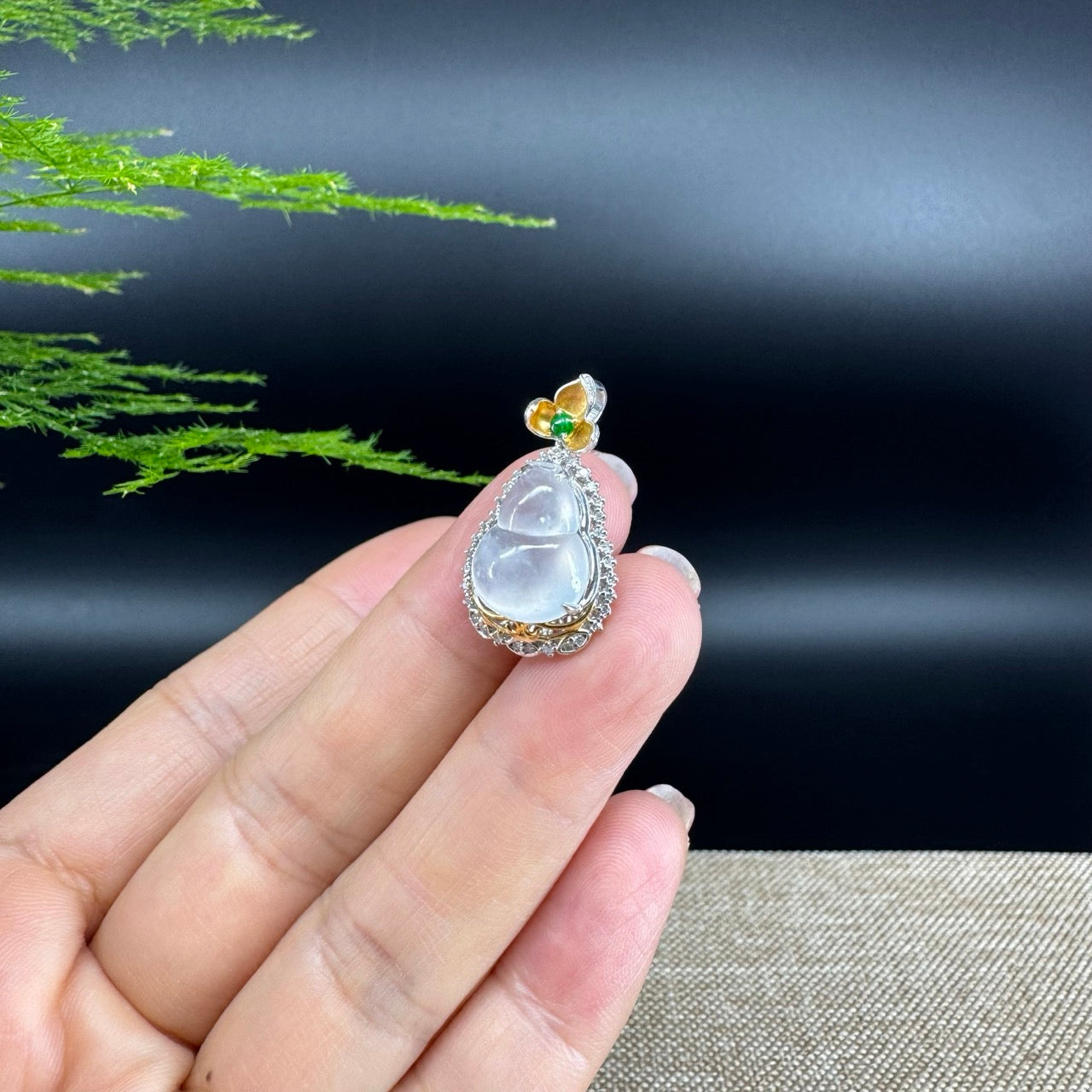 RealJade® Co. Genuine Icy Jadeite Jade Good Luck Hulu Bottle Gourd Necklace With 18K White & Yellow Gold Bail