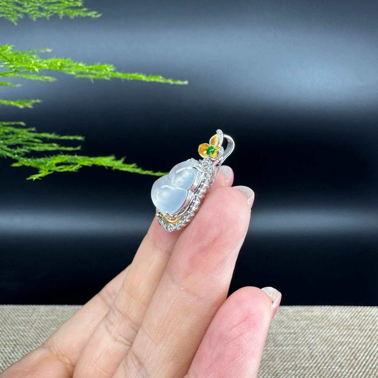 RealJade® Co. Genuine Icy Jadeite Jade Good Luck Hulu Bottle Gourd Necklace With 18K White & Yellow Gold Bail