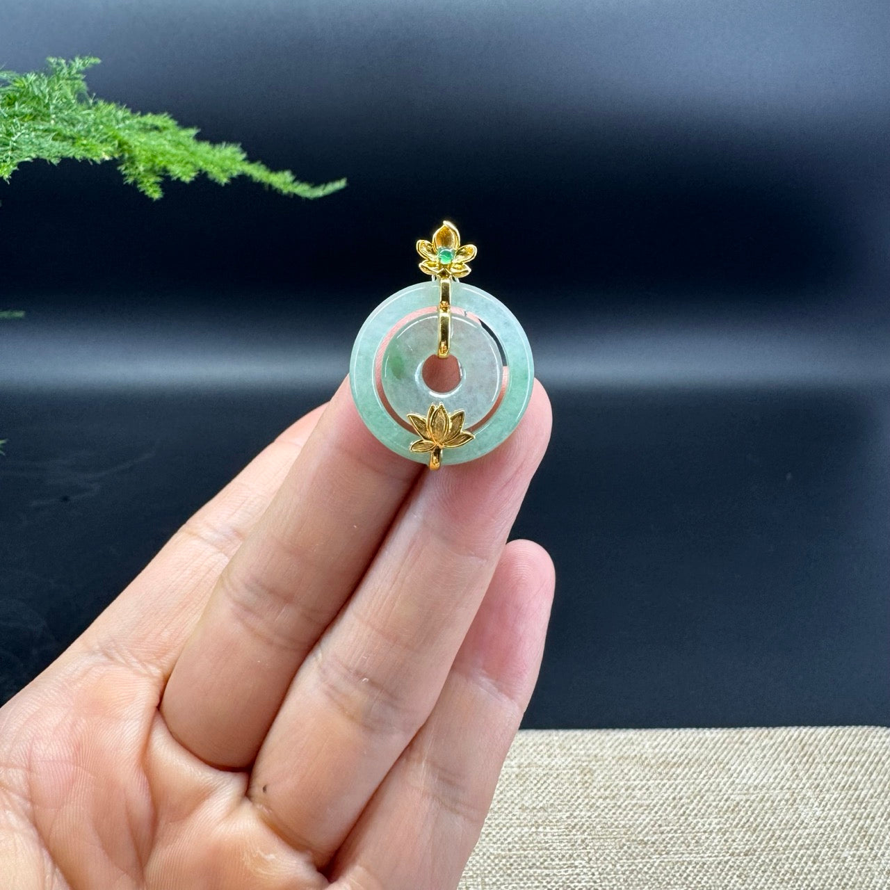 "Good Luck Button" Apple Green Jadeite Jade Lucky KouKou Pendant With 18K Yellow Gold Bail