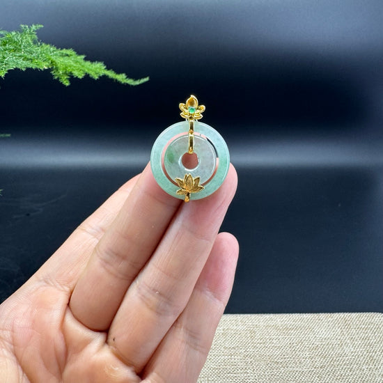 "Good Luck Button" Apple Green Jadeite Jade Lucky KouKou Pendant With 18K Yellow Gold Bail