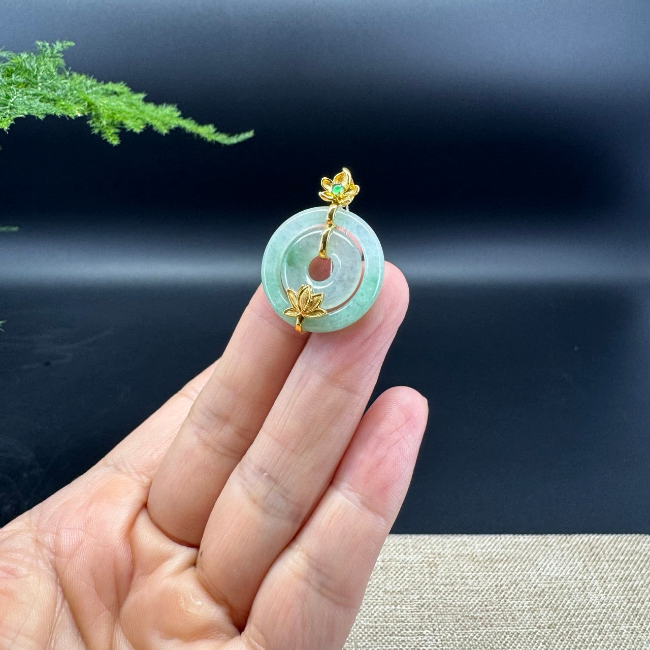 "Good Luck Button" Apple Green Jadeite Jade Lucky KouKou Pendant With 18K Yellow Gold Bail