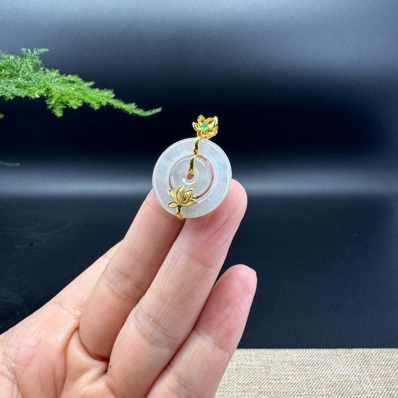 "Good Luck Button"Icy Jadeite Jade Lucky KouKou Pendant With 18K Yellow Gold Bail