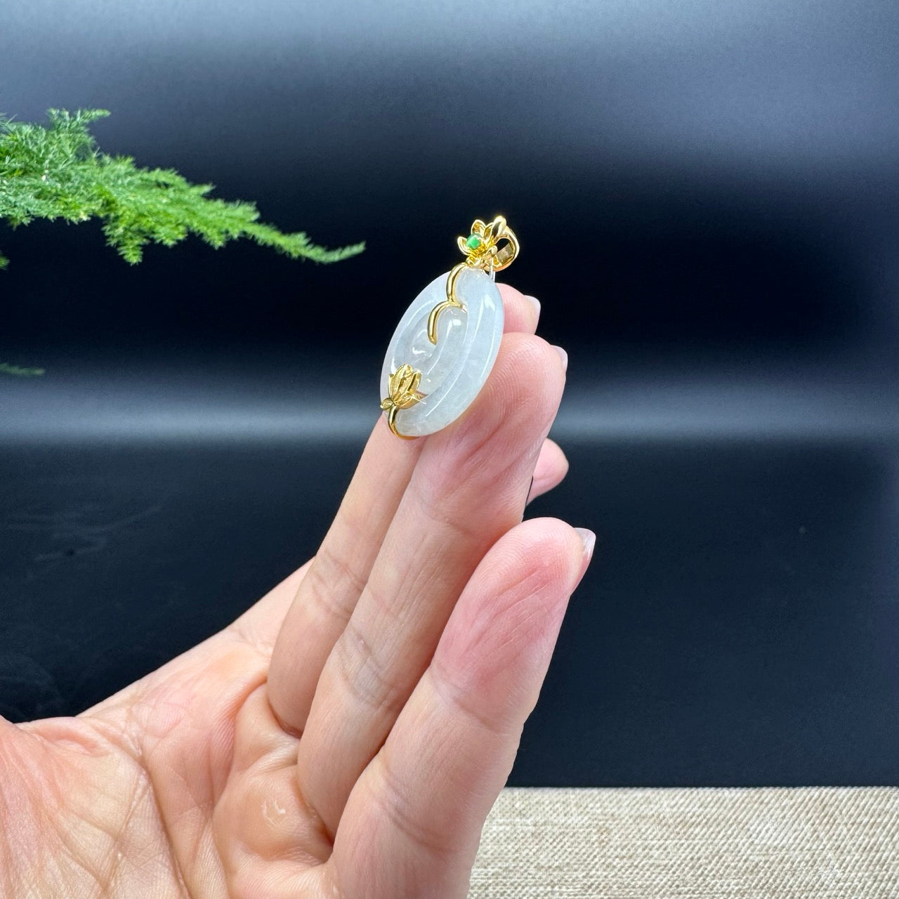 "Good Luck Button"Icy Jadeite Jade Lucky KouKou Pendant With 18K Yellow Gold Bail