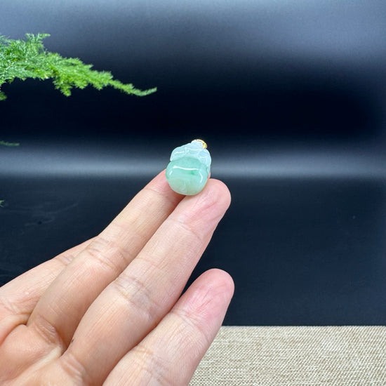18K Yellow Gold Genuine Icy Green  Burmese Jadeite Jade PiXiu Pendant Necklace