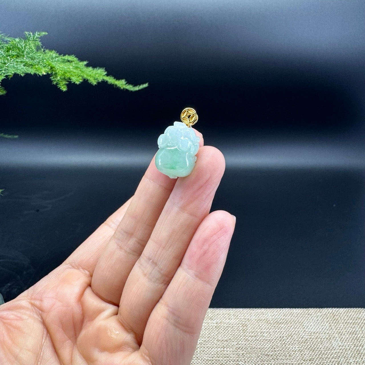 18K Yellow Gold Genuine Icy Green  Burmese Jadeite Jade PiXiu Pendant Necklace