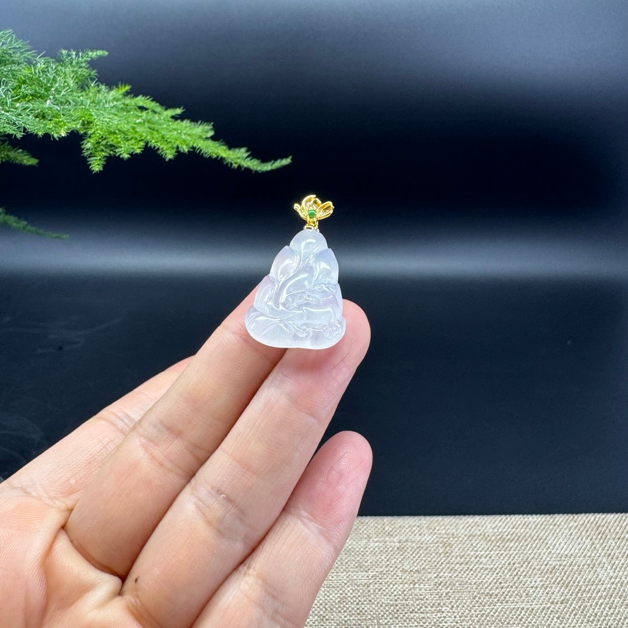 Genuine Icy Jadeite Jade Nine-Tailed Fox Necklace With 18K Yellow Gold Diamonds Bail