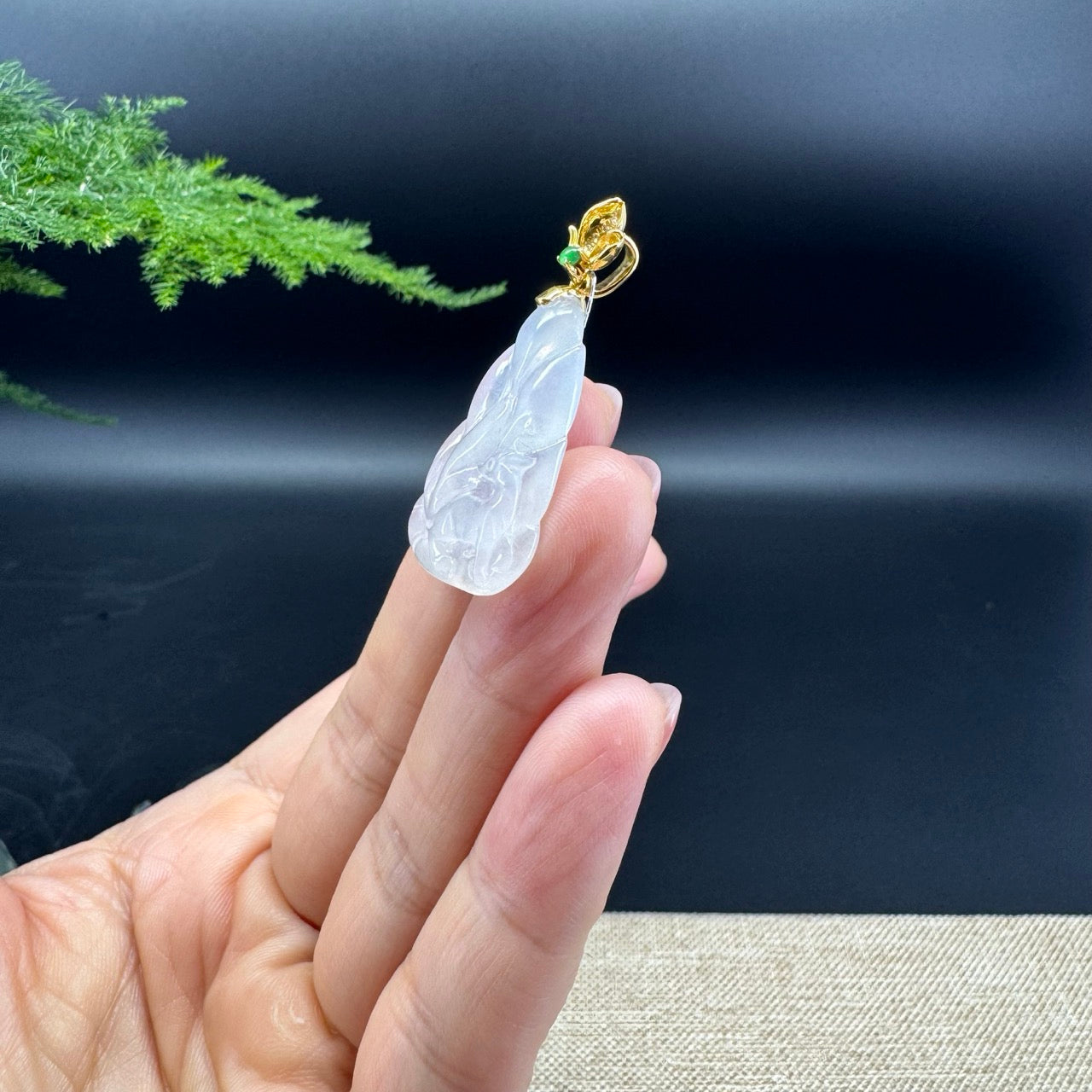 Genuine Icy Jadeite Jade Nine-Tailed Fox Necklace With 18K Yellow Gold Diamonds Bail