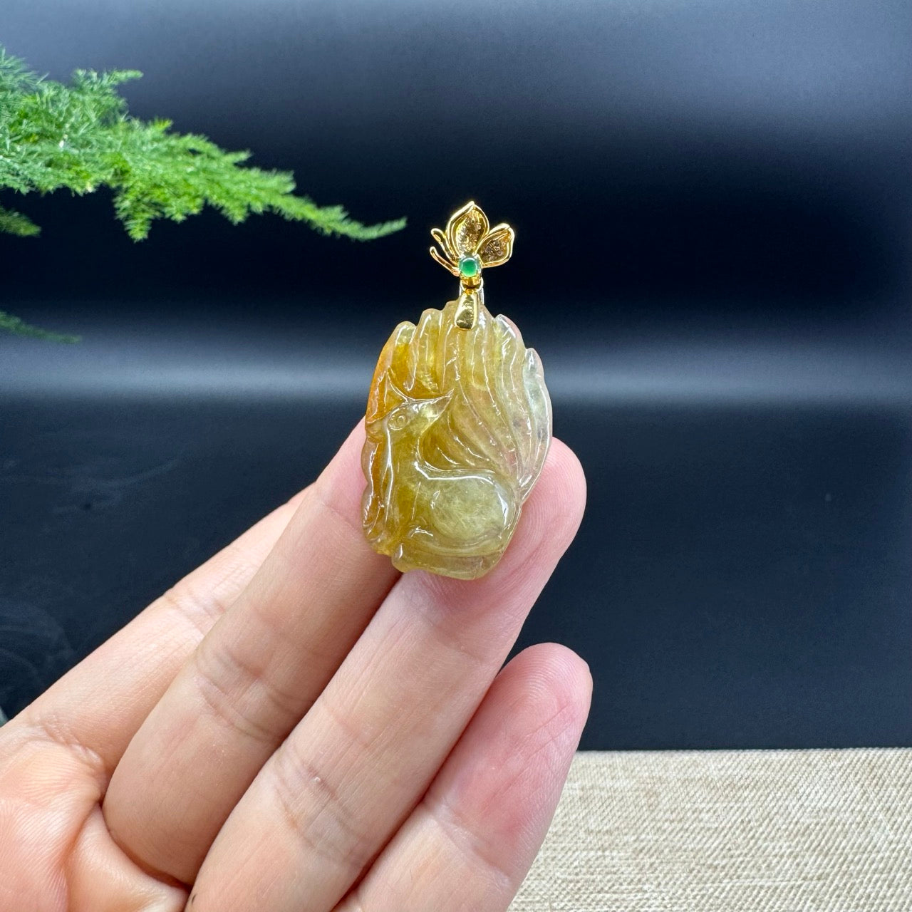 Genuine Yellow Jadeite Jade Nine-Tailed Fox Necklace With 18K Yellow Gold Diamonds Bail