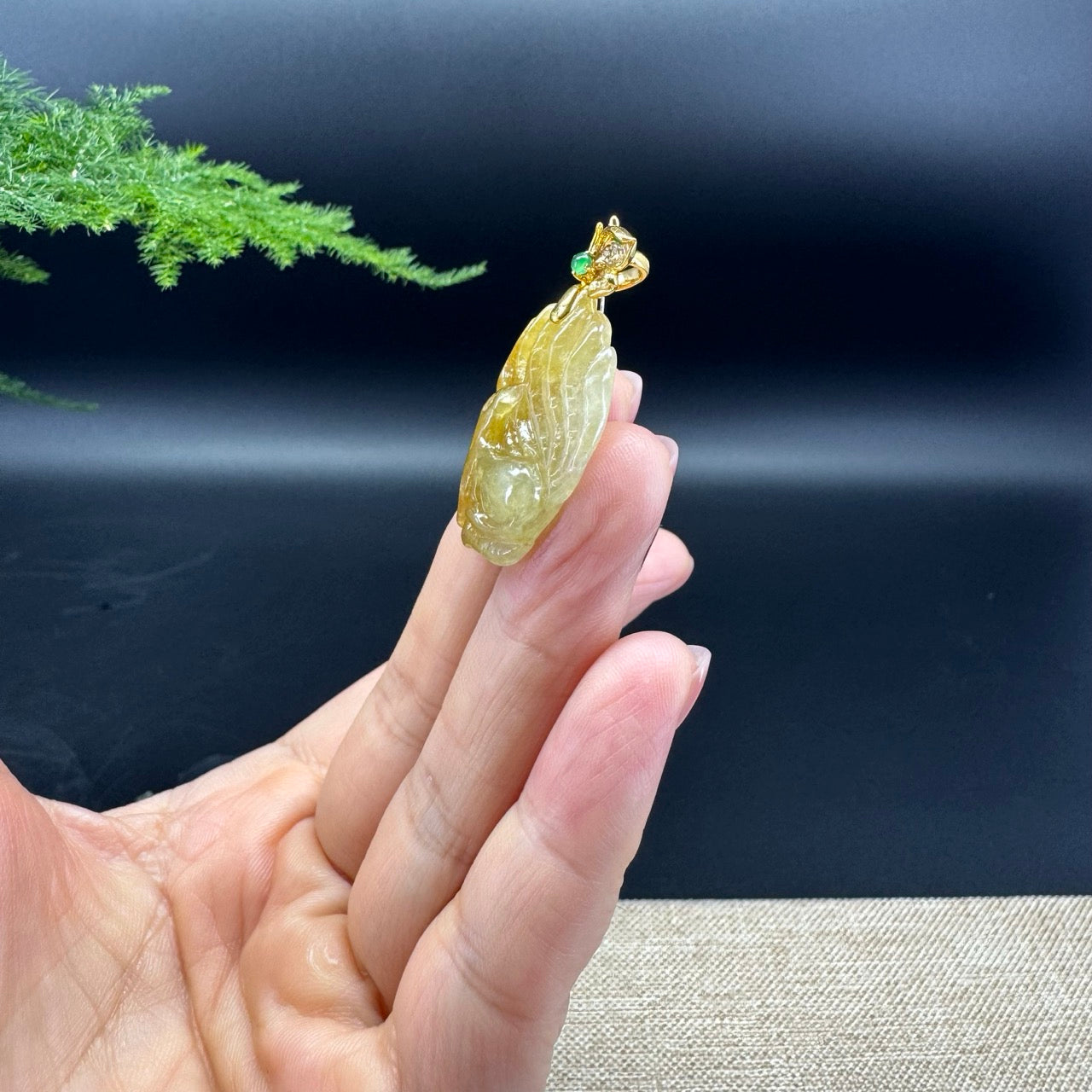 Genuine Yellow Jadeite Jade Nine-Tailed Fox Necklace With 18K Yellow Gold Diamonds Bail