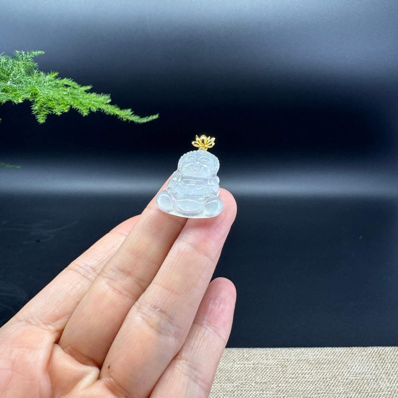 High-end 18K Yellow Gold Burmese Icy Jadeite Jade Happy Baby Buddha Pendant