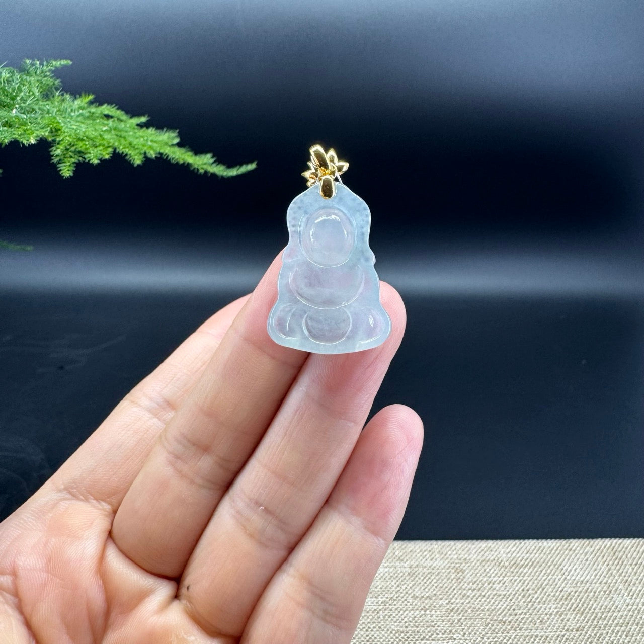 High-end 18K Yellow Gold Burmese Icy Jadeite Jade Happy Baby Buddha Pendant