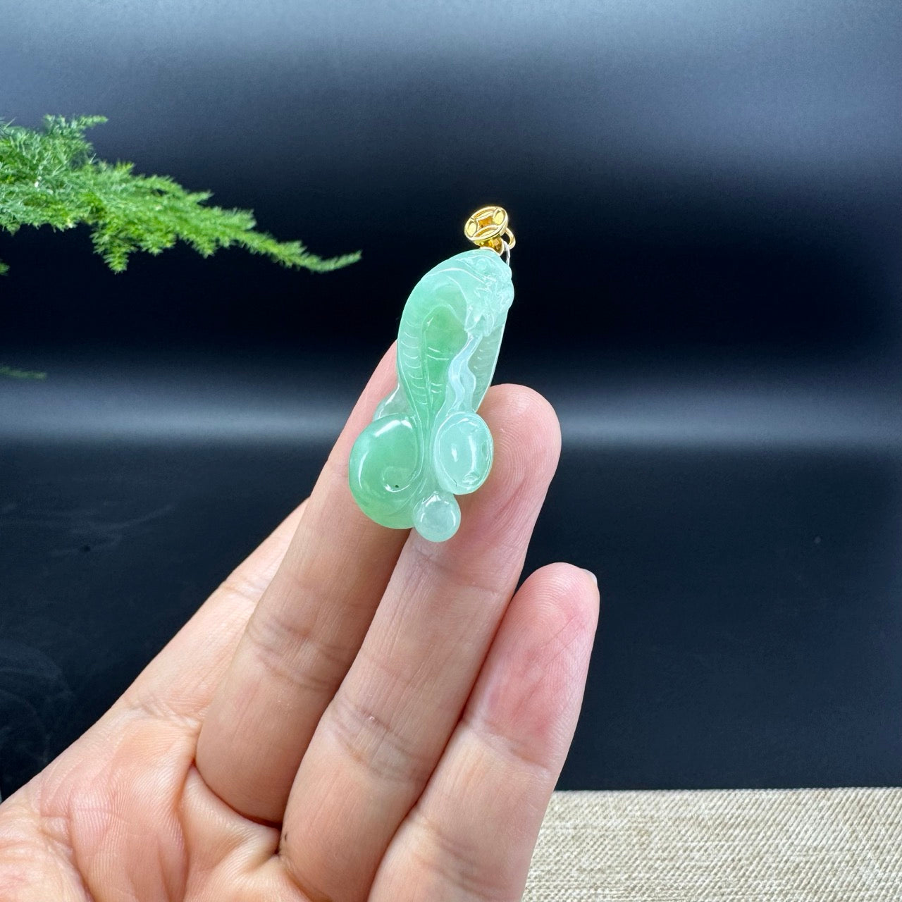 Genuine Apple Green Jadeite Jade Cobra Necklace With 18K Yellow Gold Bail