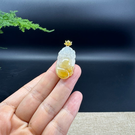 18K Yellow Gold Burmese Icy Yellow Jadeite Jade Happy Buddha Pendant