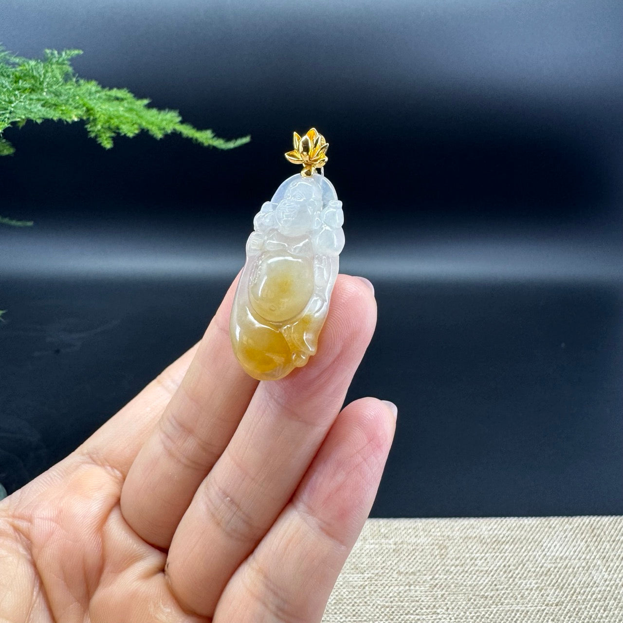 18K Yellow Gold Burmese Icy Yellow Jadeite Jade Happy Buddha Pendant