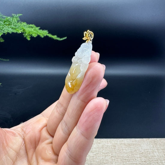 18K Yellow Gold Burmese Icy Yellow Jadeite Jade Happy Buddha Pendant
